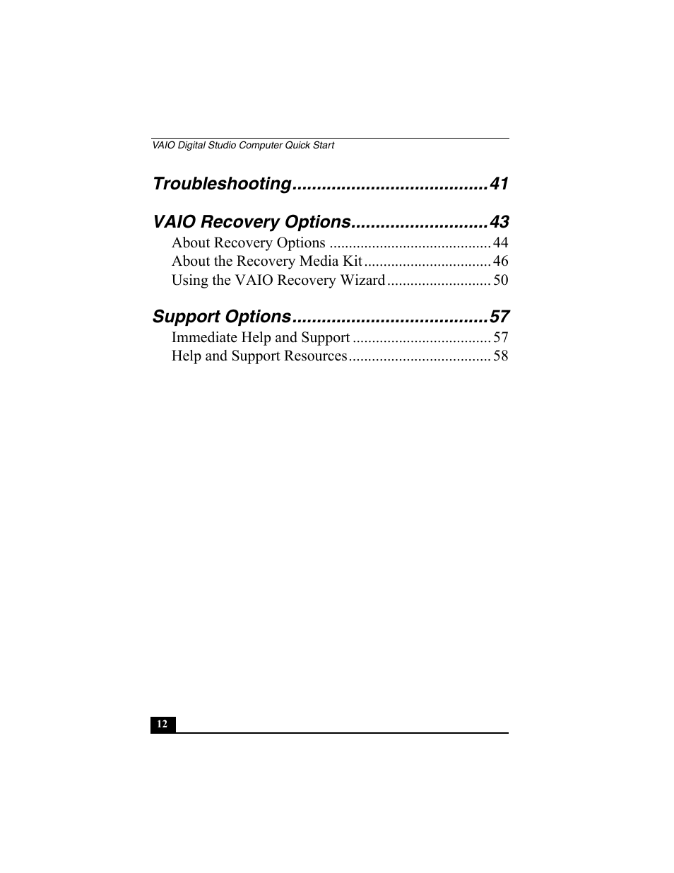 Troubleshooting vaio recovery options, Support options | Sony PCV-RZ30GN4 User Manual | Page 12 / 60