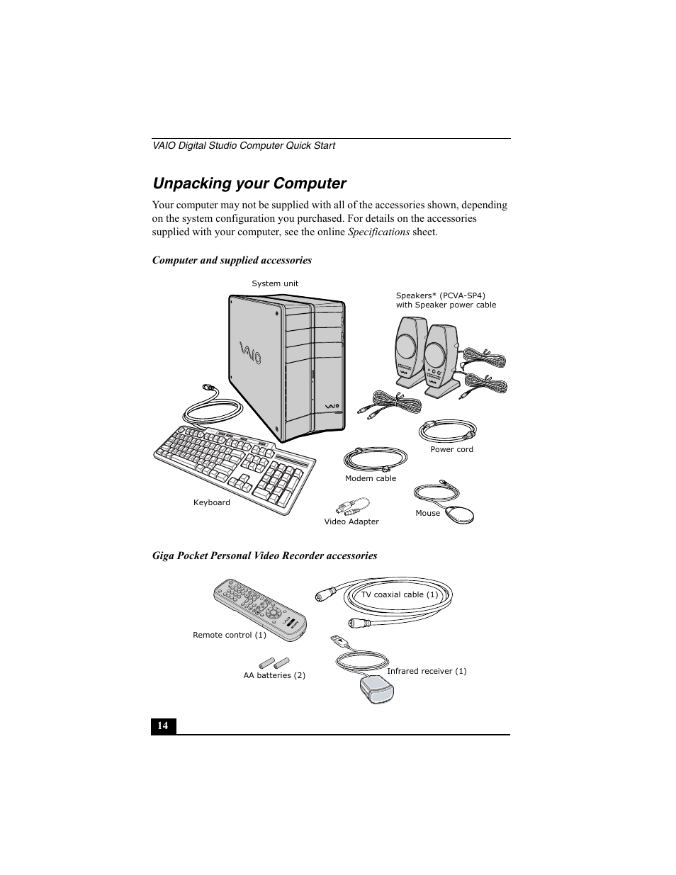 Unpacking your computer | Sony PCV-RZ30GN4 User Manual | Page 14 / 60