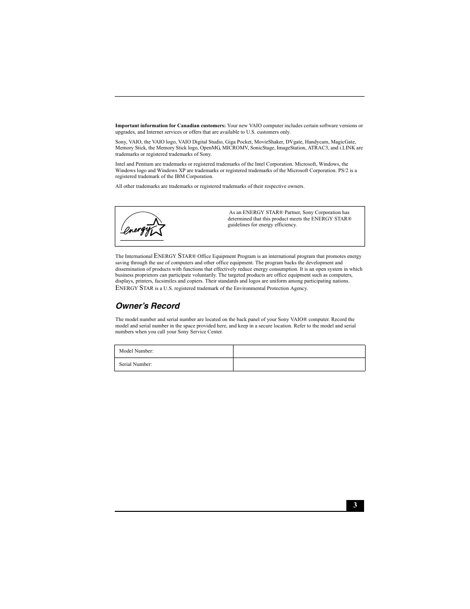 Owner’s record | Sony PCV-RZ30GN4 User Manual | Page 3 / 60