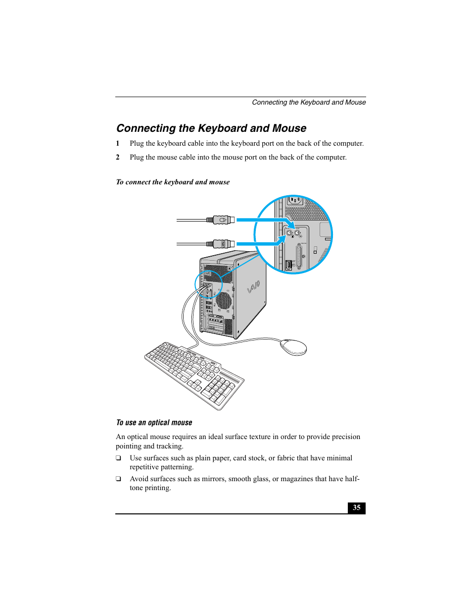 Connecting the keyboard and mouse | Sony PCV-RZ30GN4 User Manual | Page 35 / 60