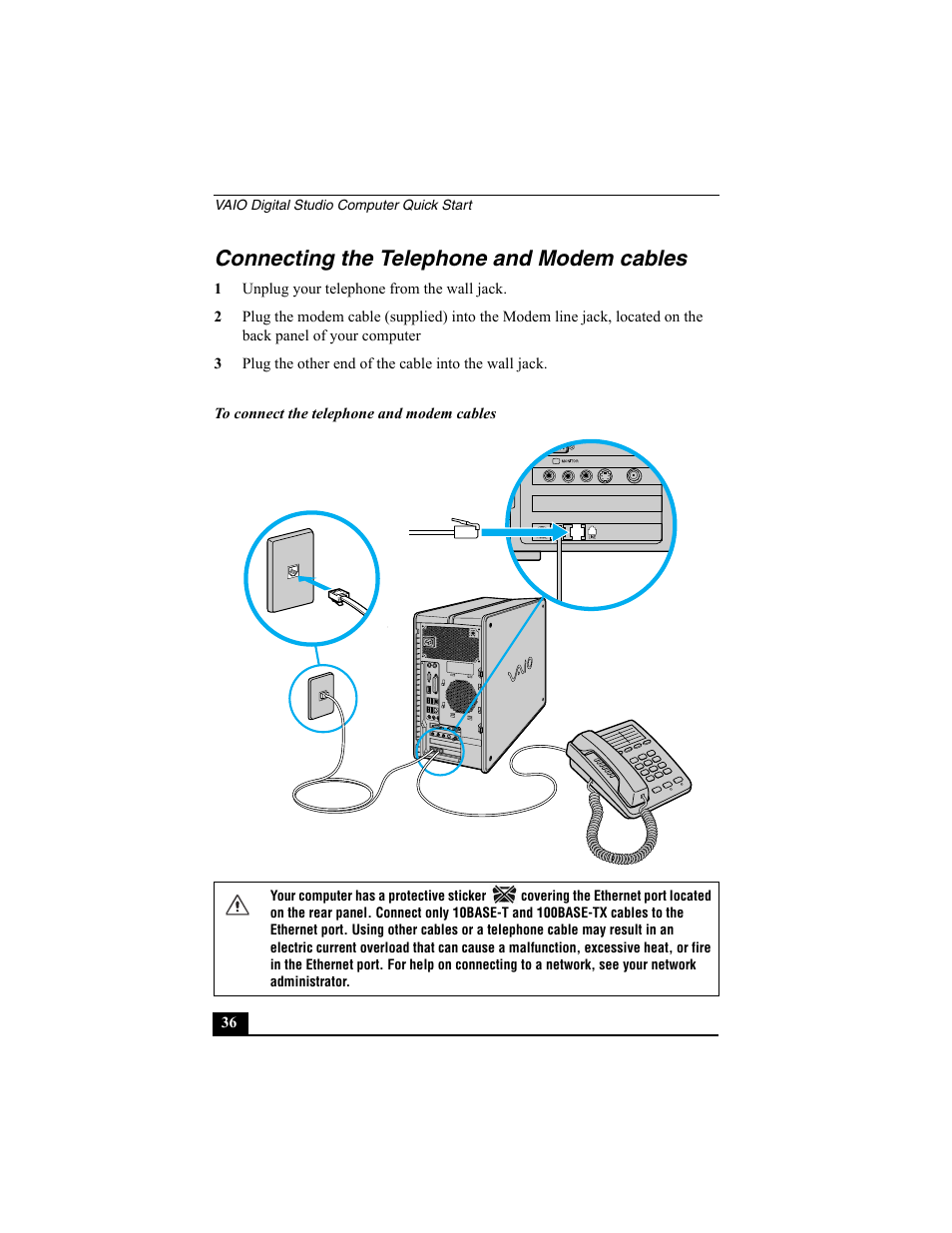 Connecting the telephone and modem cables | Sony PCV-RZ30GN4 User Manual | Page 36 / 60