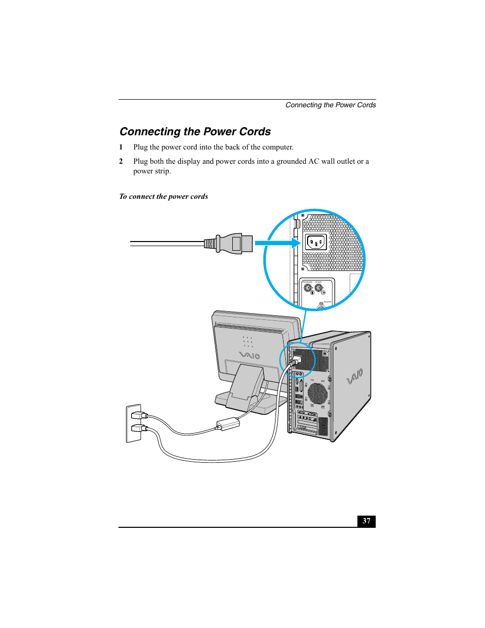 Connecting the power cords | Sony PCV-RZ30GN4 User Manual | Page 37 / 60