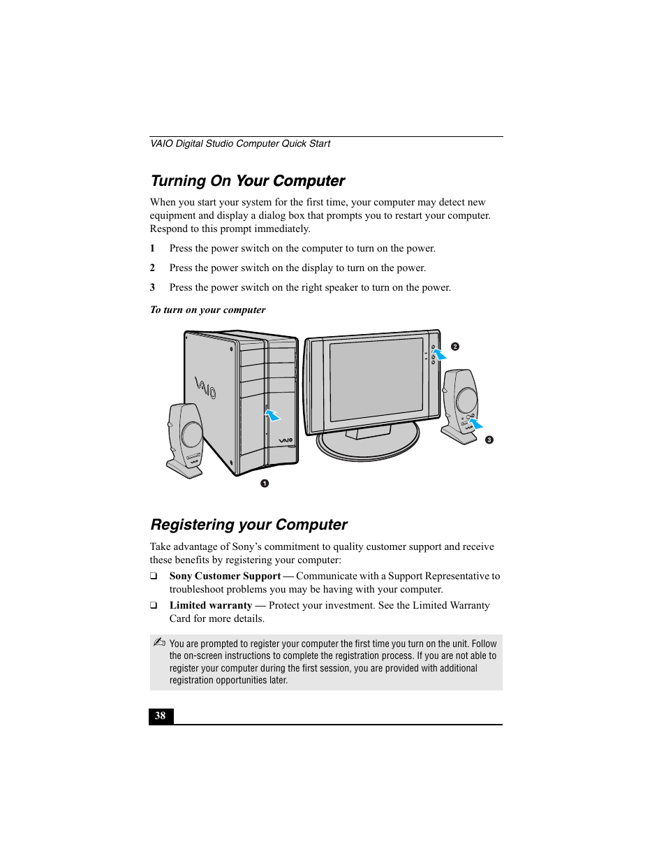 Turning on your computer your computer, Registering your computer | Sony PCV-RZ30GN4 User Manual | Page 38 / 60