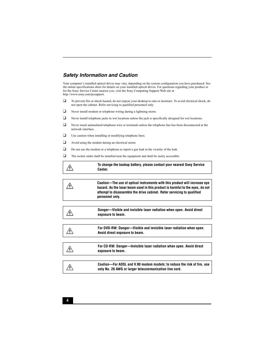Safety information and caution | Sony PCV-RZ30GN4 User Manual | Page 4 / 60