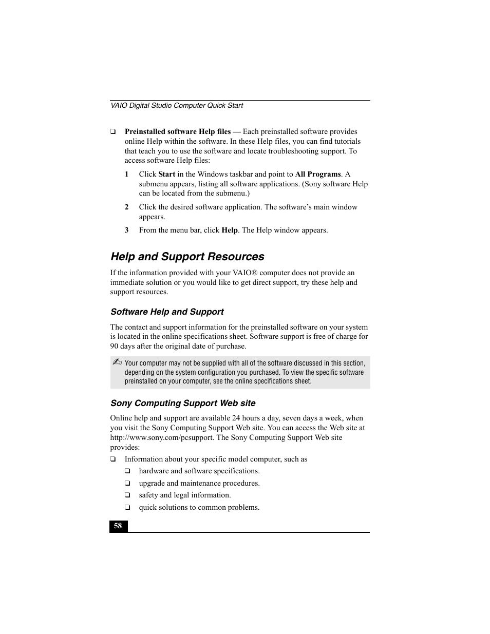 Help and support resources | Sony PCV-RZ30GN4 User Manual | Page 58 / 60