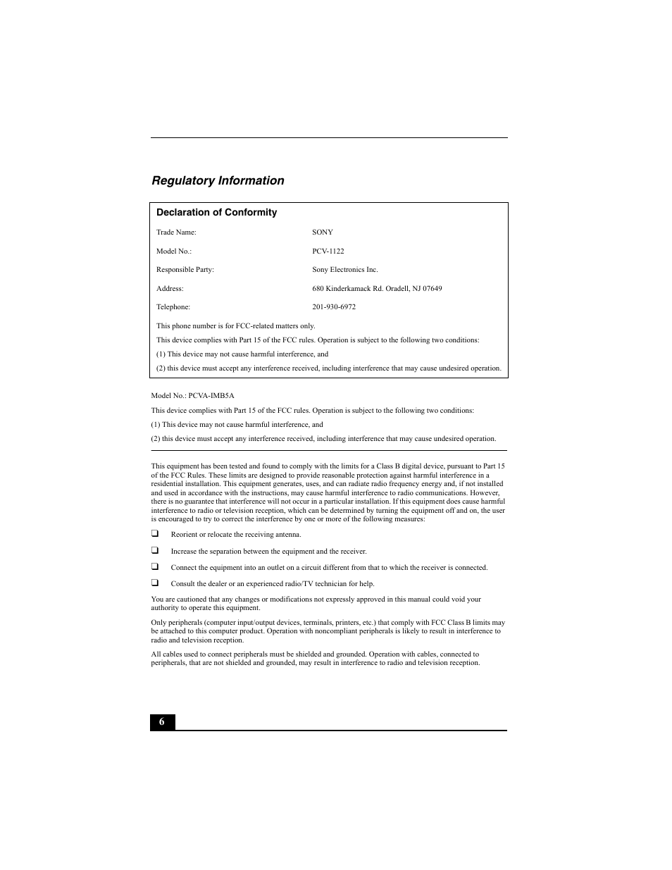 Regulatory information | Sony PCV-RZ30GN4 User Manual | Page 6 / 60