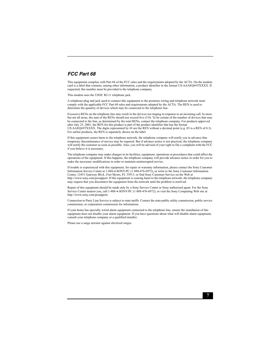 Fcc part 68 | Sony PCV-RZ30GN4 User Manual | Page 7 / 60