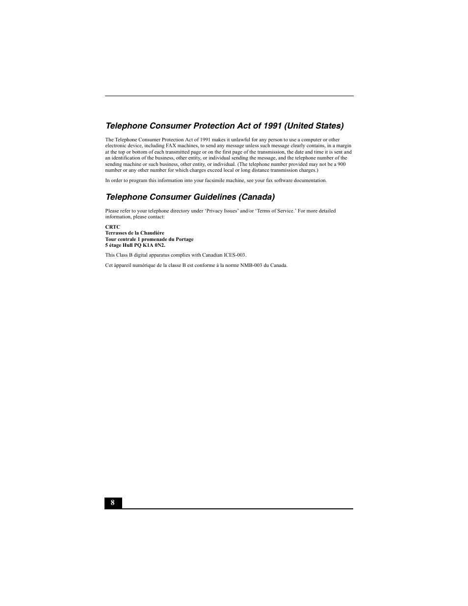 Telephone consumer guidelines (canada) | Sony PCV-RZ30GN4 User Manual | Page 8 / 60