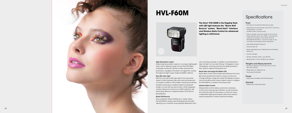 Products, Hvl-f60m, 42 hvl-f60m | Specifications | Sony HVL-LE1 User Manual | Page 22 / 30