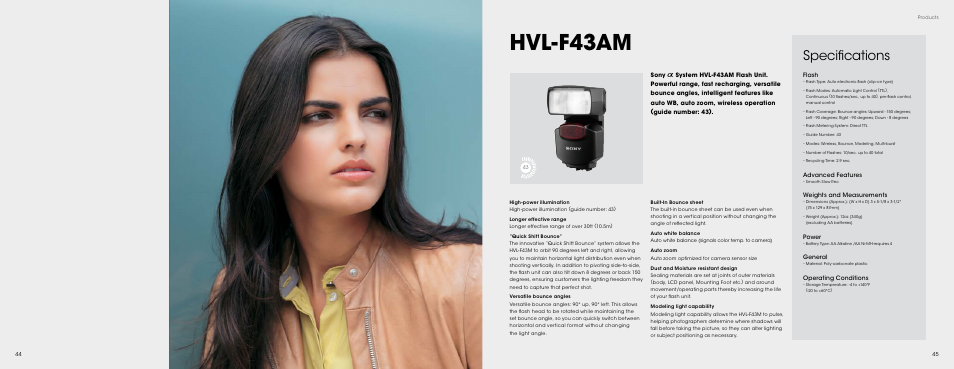 Hvl-f43m, 44 hvl-f43am, Hvl-f43am | Specifications | Sony HVL-LE1 User Manual | Page 23 / 30