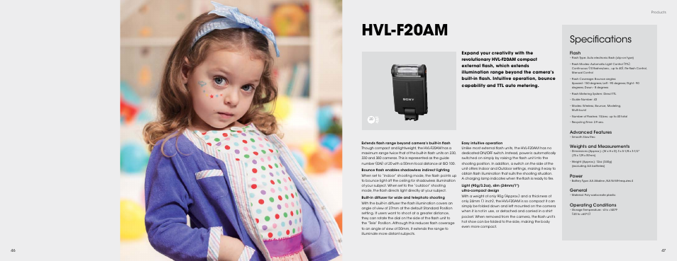 Hvl-f20am, 46 hvl-f20am, Specifications | Sony HVL-LE1 User Manual | Page 24 / 30