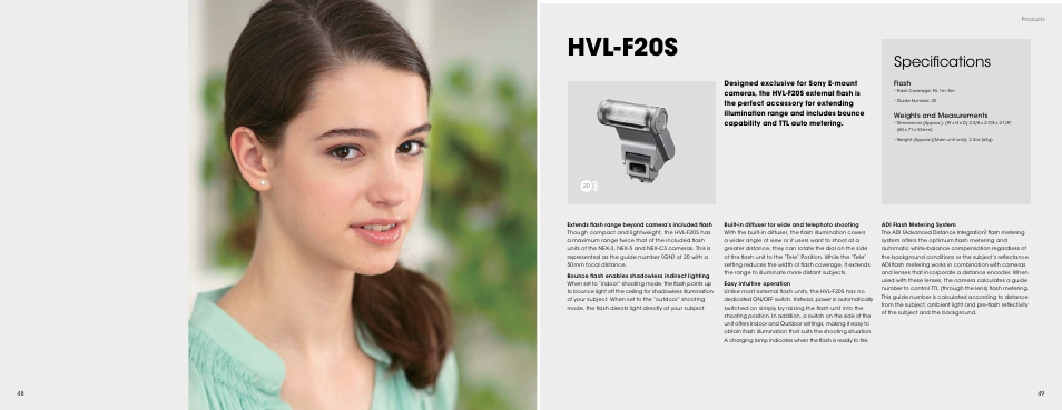 Hvl-f20s, 48 hvl-f20s, Specifications | Sony HVL-LE1 User Manual | Page 25 / 30