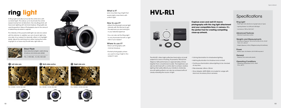 Ring light - hvl-rl1, 52 ring light - hvl-rl1, Ring light | Hvl-rl1, Specifications | Sony HVL-LE1 User Manual | Page 27 / 30