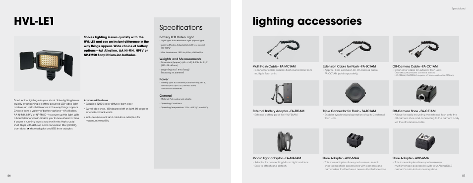 Video light - hvl-le1, Lighting accessories, 56 video light - hvl-le1 | 57 lighting accessories, Hvl-le1, Specifications | Sony HVL-LE1 User Manual | Page 29 / 30