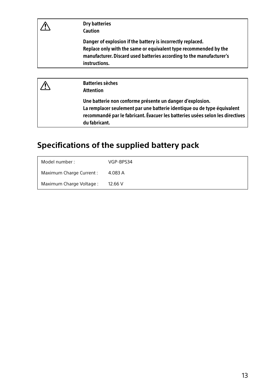 Specifications of the supplied battery pack | Sony SVT212190X User Manual | Page 13 / 24