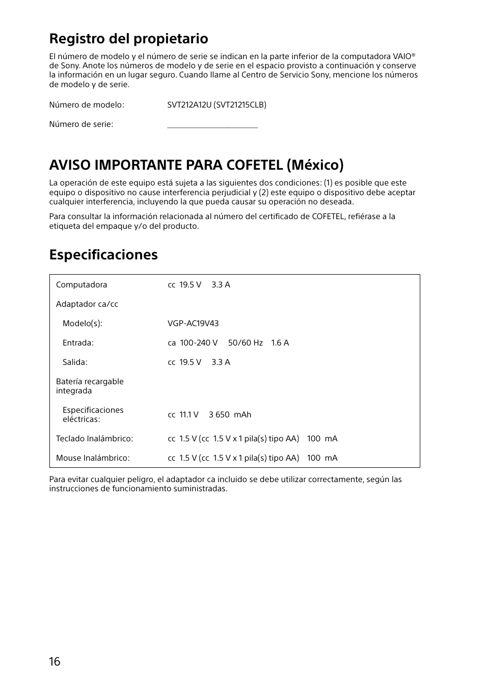 Registro del propietario, Aviso importante para cofetel (méxico), Especificaciones | Sony SVT212190X User Manual | Page 16 / 24