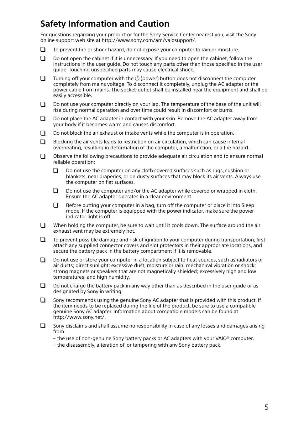 Safety information and caution | Sony SVT212190X User Manual | Page 5 / 24