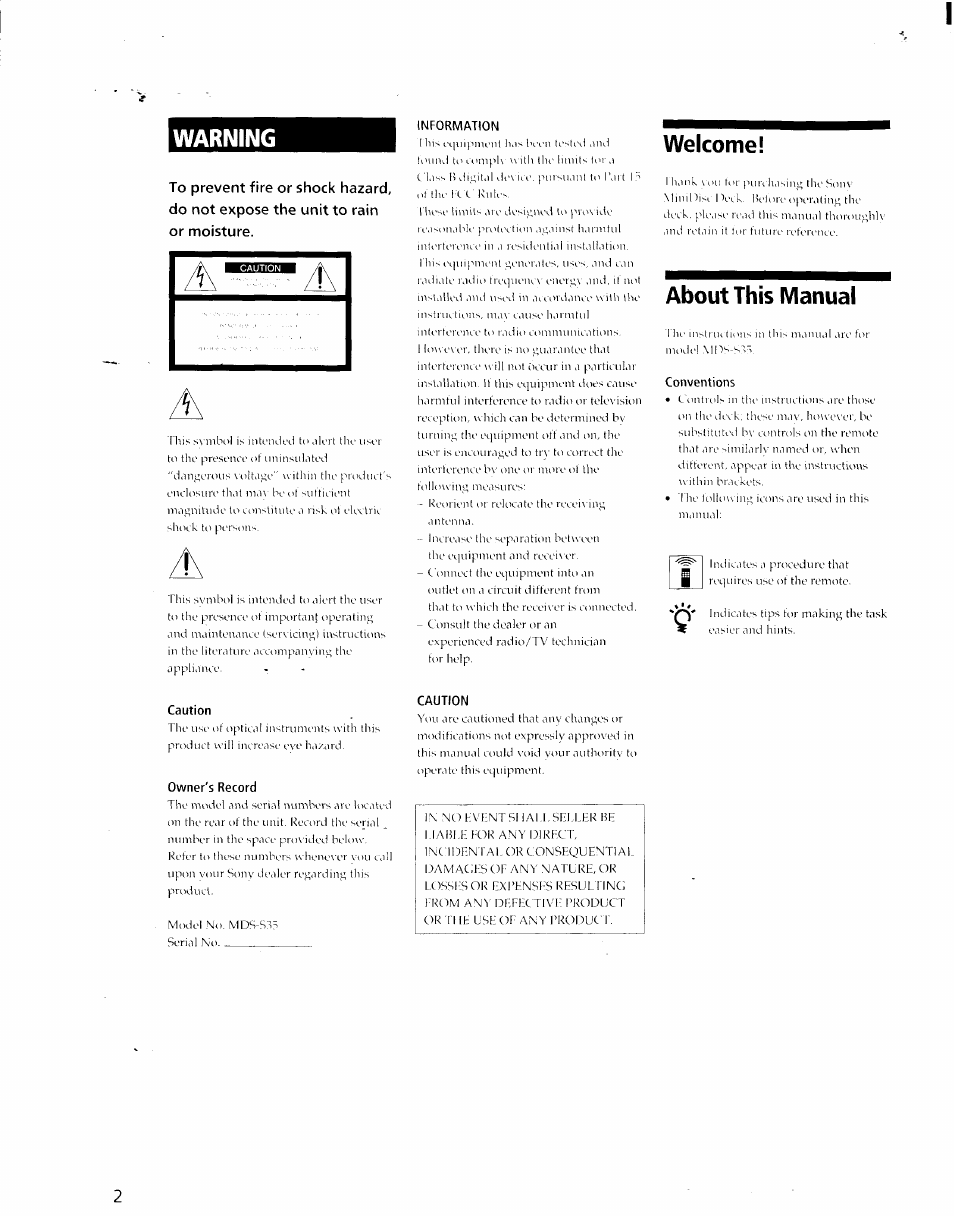 Warning, Welcome, About this manual | Sony MDS-S35 User Manual | Page 2 / 28