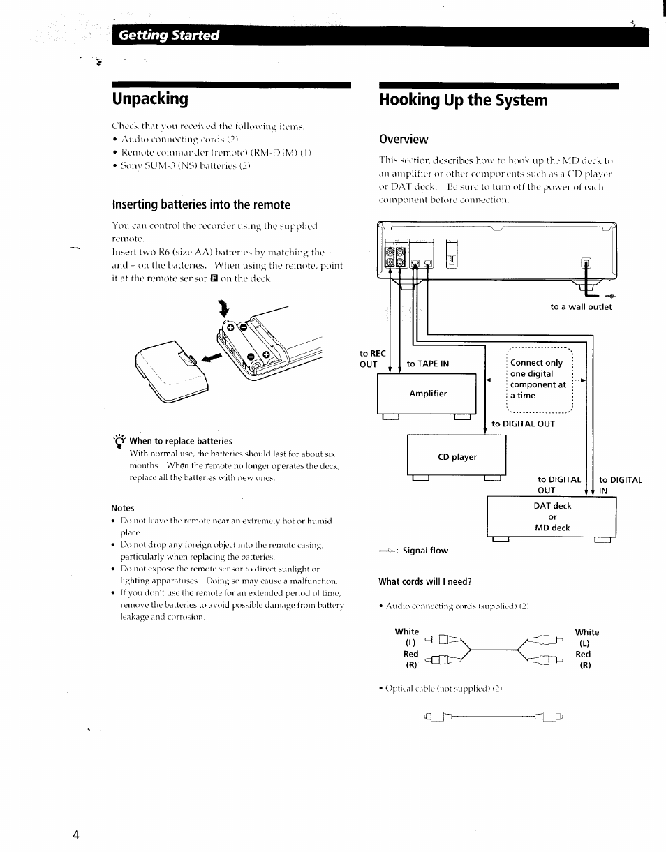 Inserting batteries into the remote, Hooking up the system, Overview | When to replace batteries, Notes, Signal flow, What cords will i need, R !• u'king up the system, Unpacking, Getting started | Sony MDS-S35 User Manual | Page 4 / 28