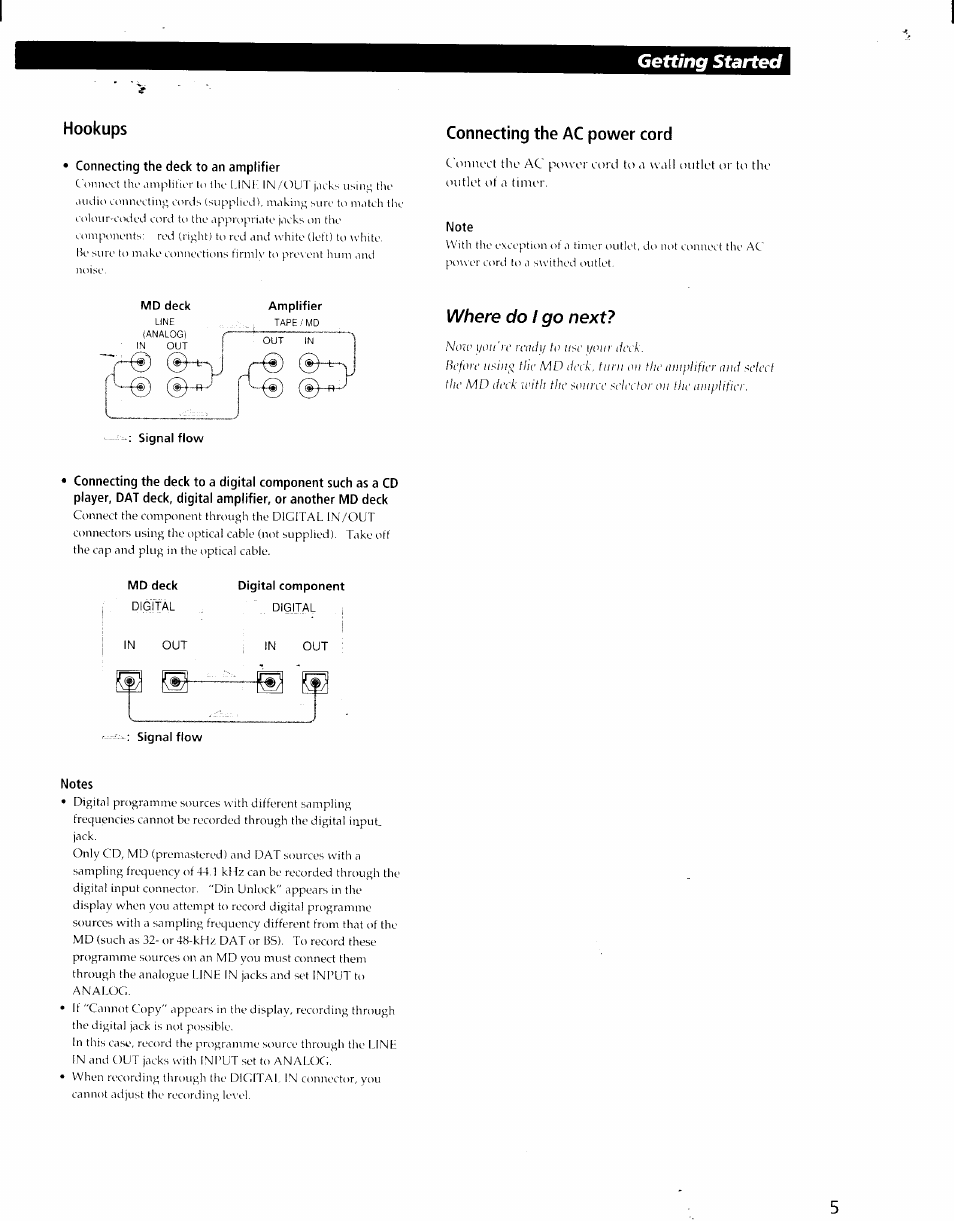 Hookups, Connecting the deck to an amplifier, Connecting the ac power cord | Note, Notes, Getting started, Where do i go next | Sony MDS-S35 User Manual | Page 5 / 28