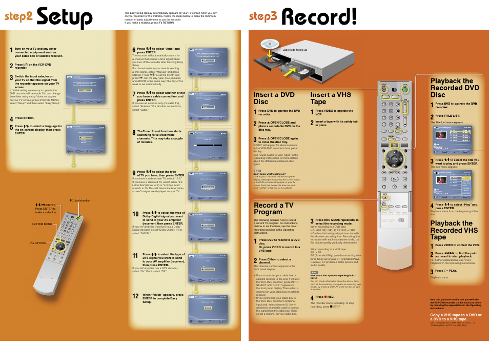 System menu, Enter, Record a tv program | Playback the recorded dvd disc, Insert a dvd disc, Insert a vhs tape, Playback the recorded vhs tape | Sony RDR-VX511 User Manual | Page 2 / 2