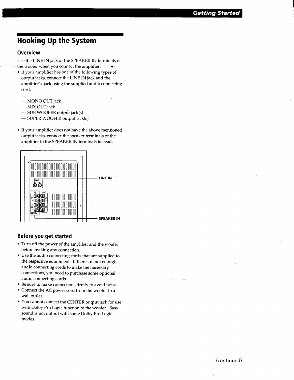 Hooking up the system, Getting started | Sony SA-W303 User Manual | Page 3 / 6