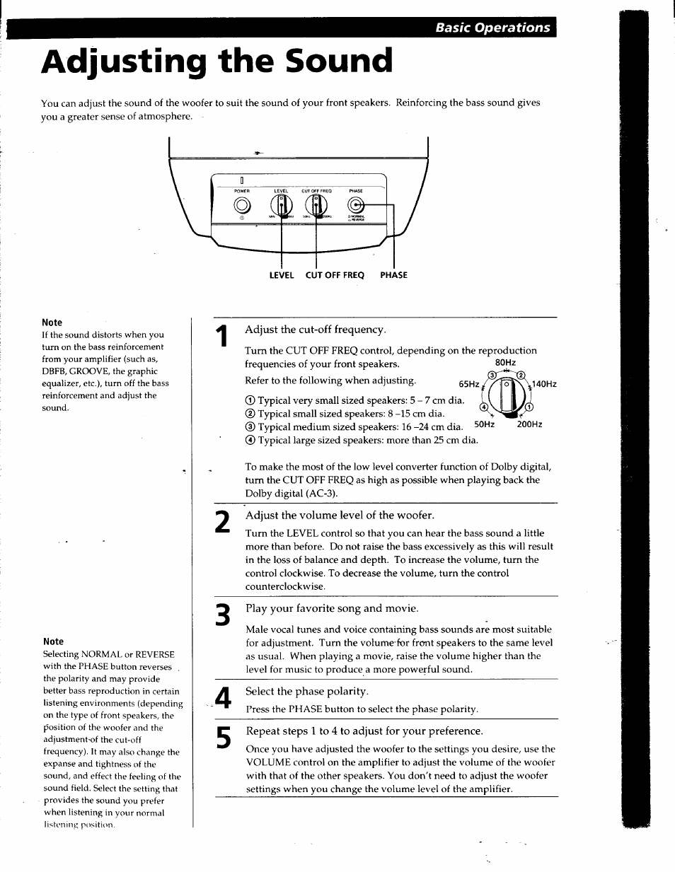 Adjusting the sound, Basic operations | Sony SA-W303 User Manual | Page 5 / 6