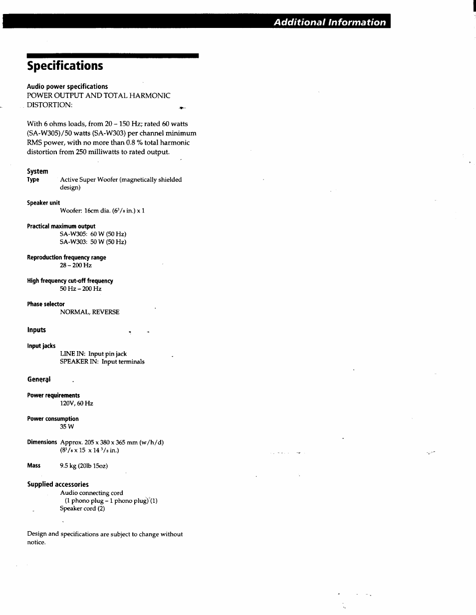 Specifications, Additional information | Sony SA-W303 User Manual | Page 6 / 6
