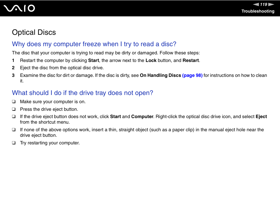 Optical discs, What should i do if the drive tray does not open | Sony VGN-N220E User Manual | Page 119 / 153