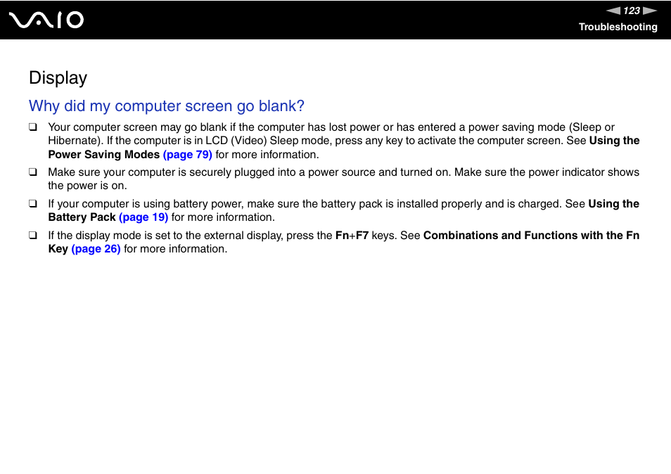 Display, Why did my computer screen go blank | Sony VGN-N220E User Manual | Page 123 / 153