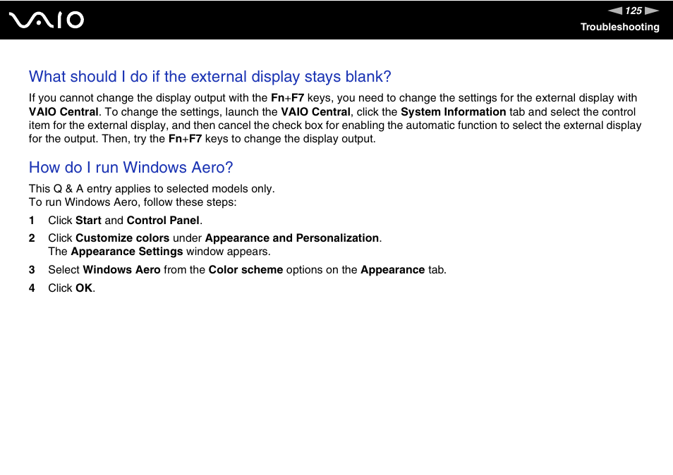 How do i run windows aero | Sony VGN-N220E User Manual | Page 125 / 153