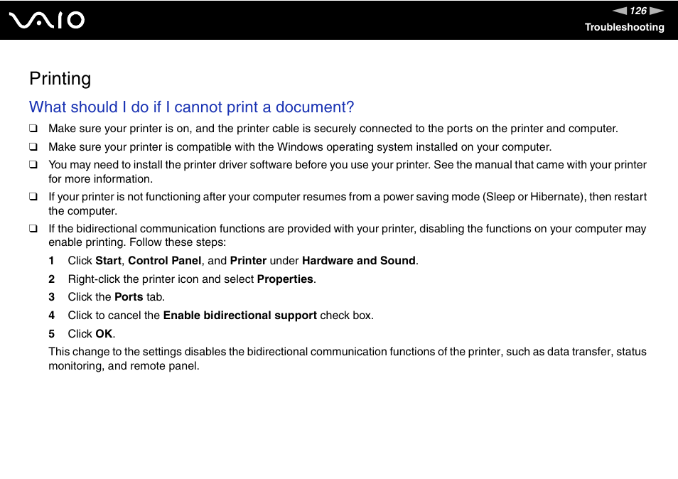 Printing, Inting, What should i do if i cannot print a document | Sony VGN-N220E User Manual | Page 126 / 153