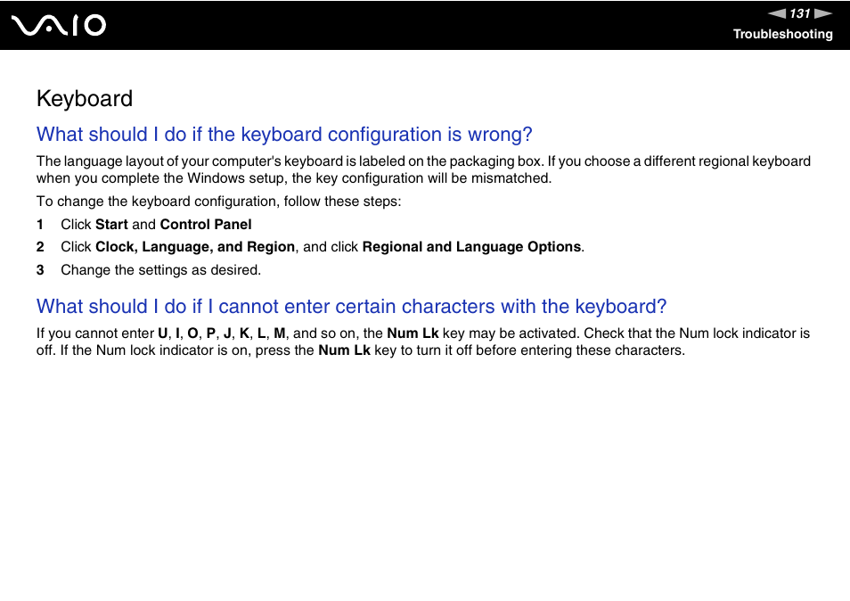 Keyboard | Sony VGN-N220E User Manual | Page 131 / 153