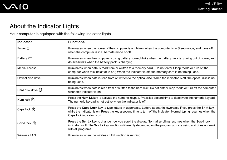 About the indicator lights | Sony VGN-N220E User Manual | Page 16 / 153