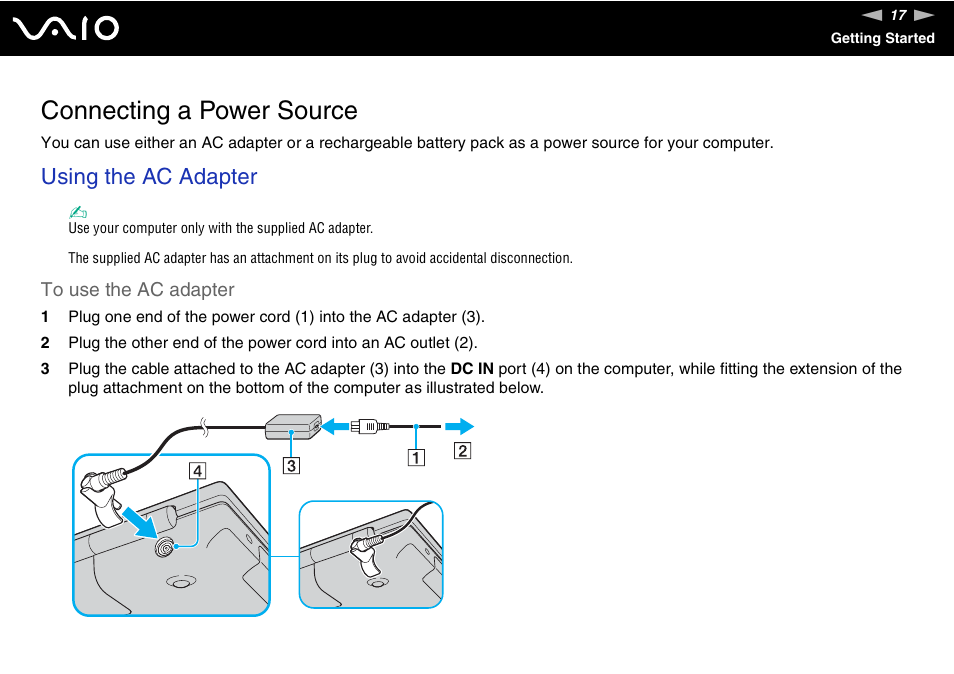 Connecting a power source, Using the ac adapter | Sony VGN-N220E User Manual | Page 17 / 153