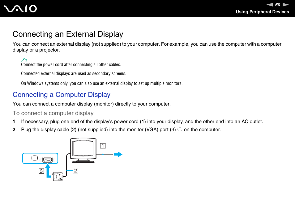 Connecting an external display, Connecting a computer display | Sony VGN-N220E User Manual | Page 60 / 153