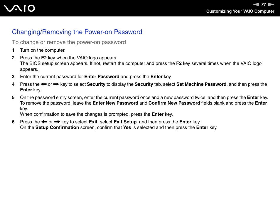 Changing/removing the power-on password | Sony VGN-N220E User Manual | Page 77 / 153