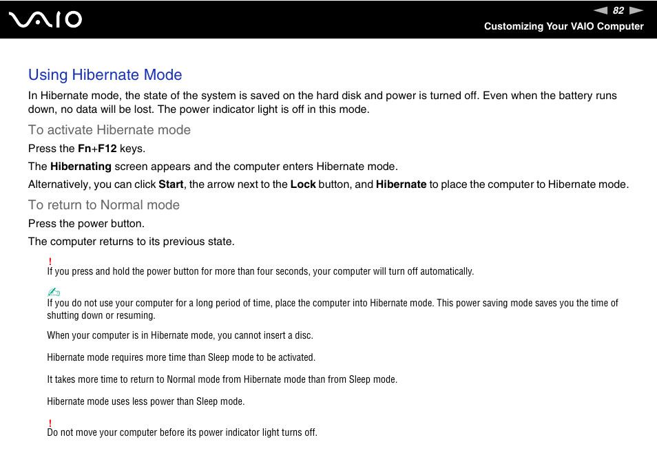 Using hibernate mode | Sony VGN-N220E User Manual | Page 82 / 153