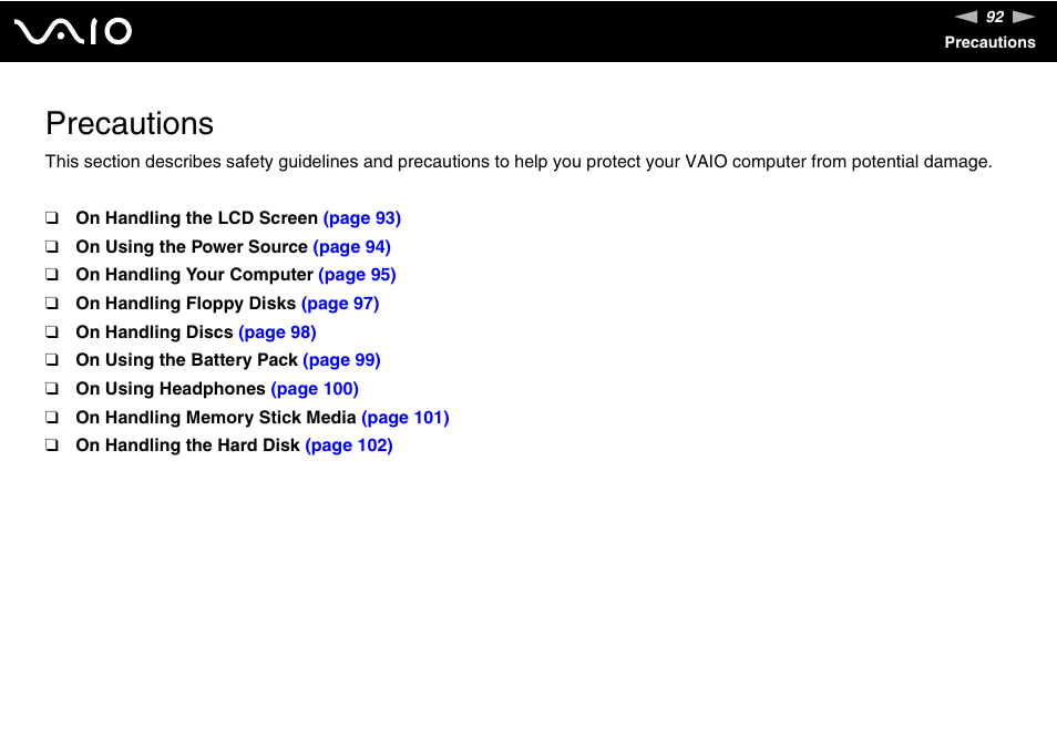 Precautions | Sony VGN-N220E User Manual | Page 92 / 153