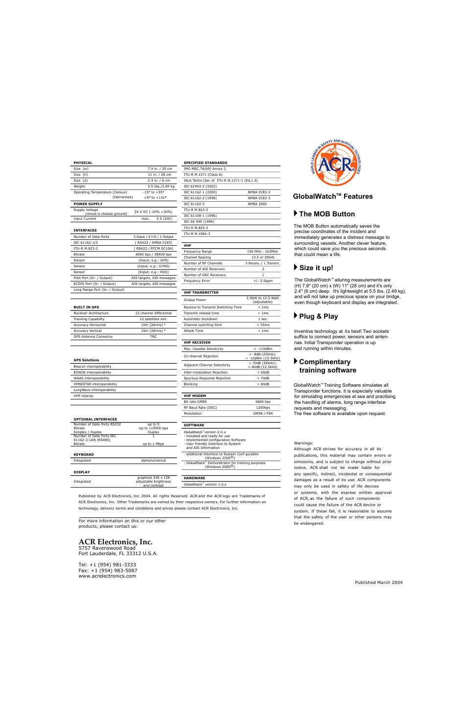 Acr electronics, inc, The mob button, Size it up | Plug & play, Complimentary training software, Globalwatch, Features | ACR Electronics 2600 User Manual | Page 2 / 4