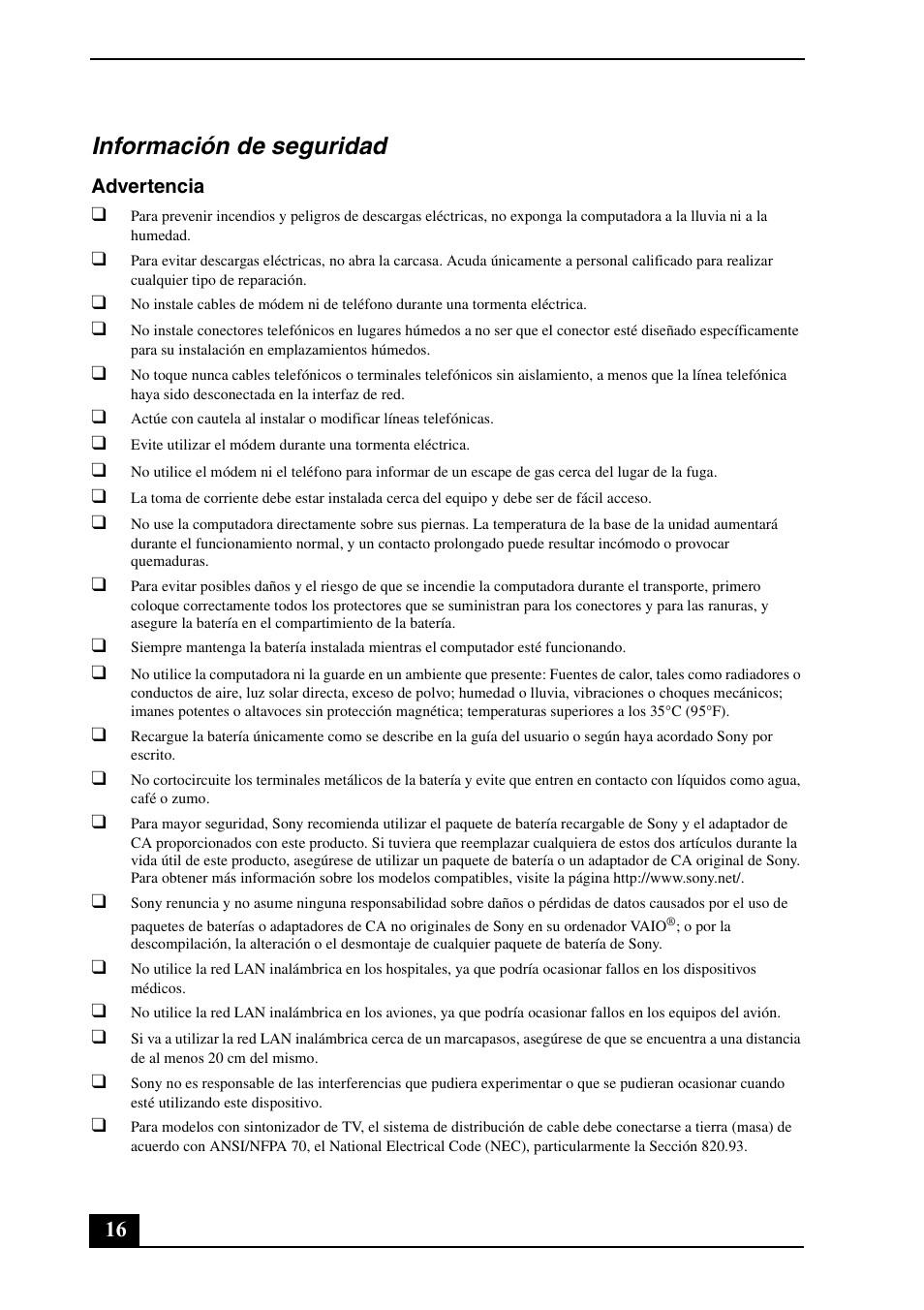 Información de seguridad | Sony VGN-AW230J User Manual | Page 16 / 24