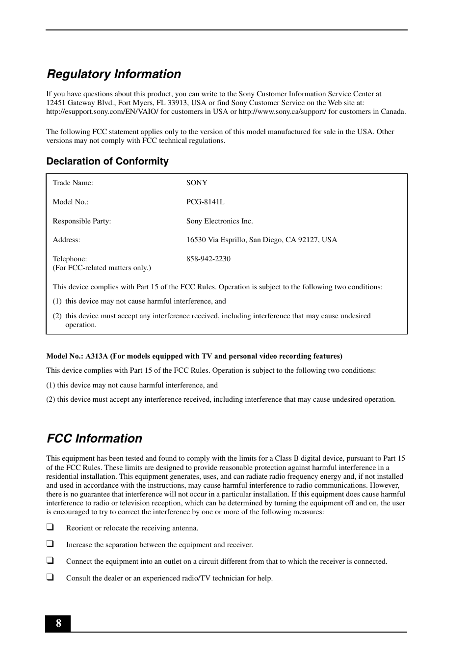 Regulatory information, Fcc information, Declaration of conformity | Sony VGN-AW230J User Manual | Page 8 / 24