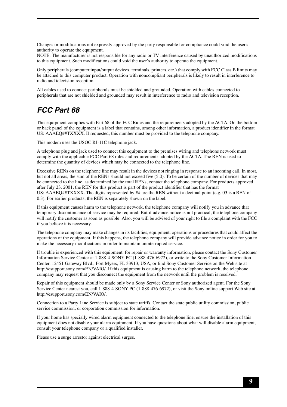 Fcc part 68 | Sony VGN-AW230J User Manual | Page 9 / 24