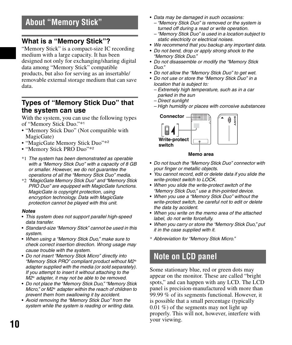 About “memory stick, What is a “memory stick, Note on lcd panel | Sony NV-U83T User Manual | Page 10 / 48