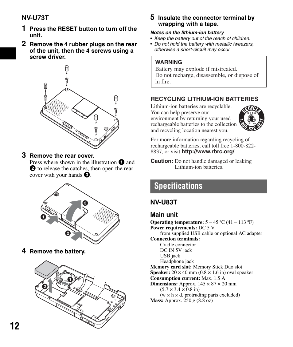 Specifications | Sony NV-U83T User Manual | Page 12 / 48