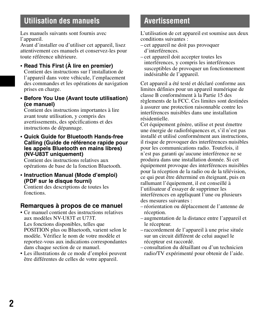 Utilisation des manuels, Avertissement | Sony NV-U83T User Manual | Page 16 / 48