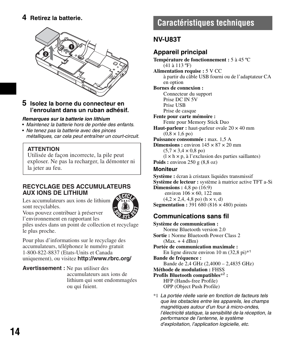 Caractéristiques techniques, Nv-u83t | Sony NV-U83T User Manual | Page 28 / 48