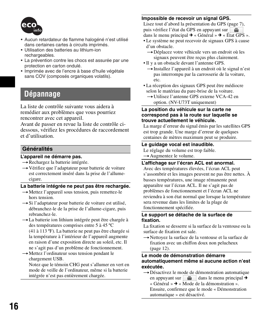 Dépannage | Sony NV-U83T User Manual | Page 30 / 48