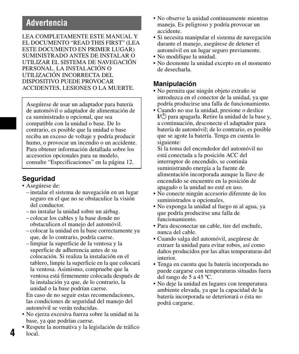 Advertencia | Sony NV-U83T User Manual | Page 34 / 48