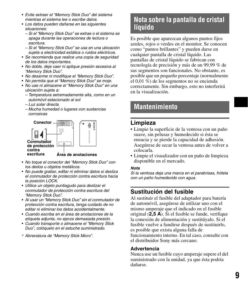 Nota sobre la pantalla de cristal líquido, Mantenimiento, Limpieza | Sustitución del fusible | Sony NV-U83T User Manual | Page 39 / 48
